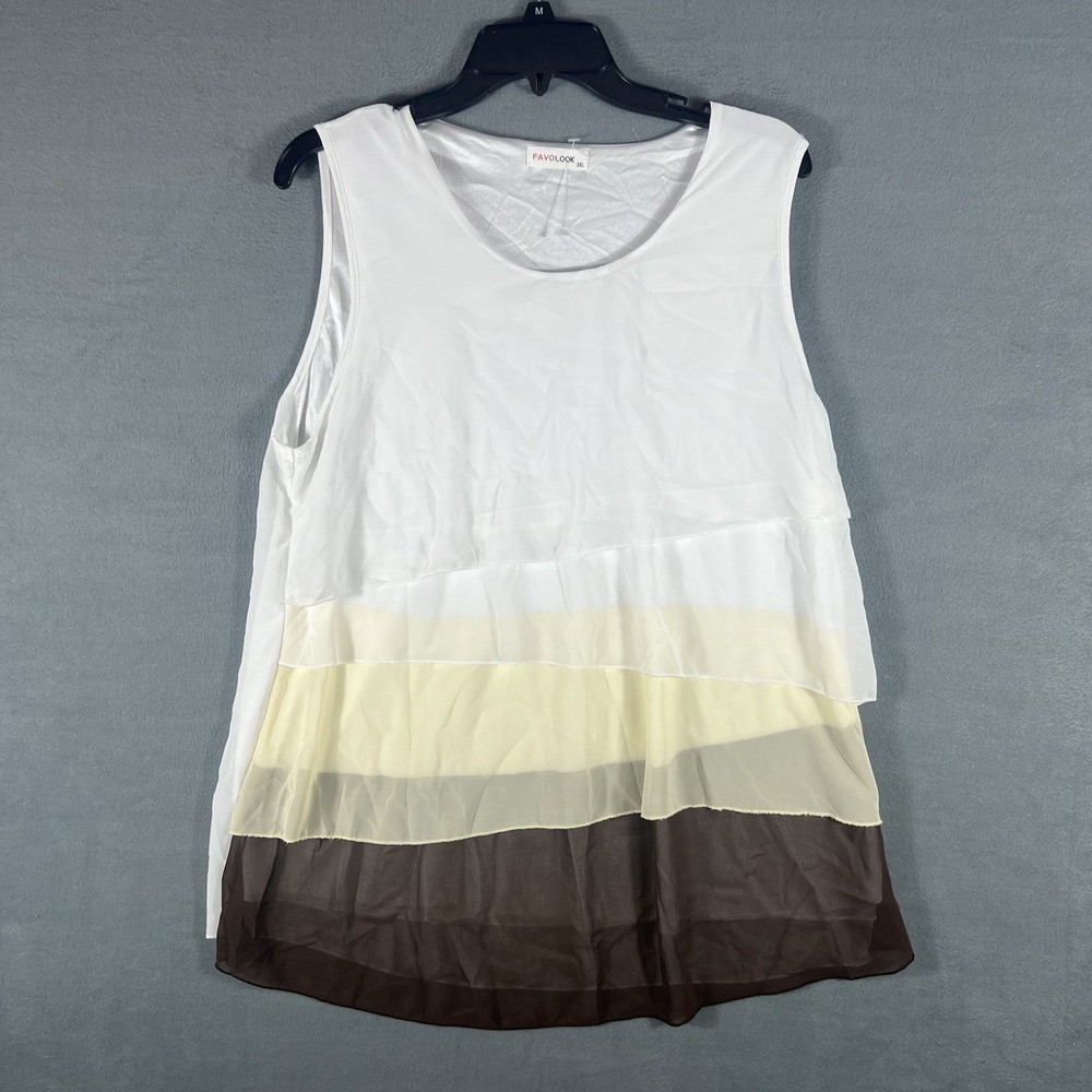 FAVOLOOK Women's 3XL Plus Size White Brown Layered Sleeveless Tank Top Blouse‎